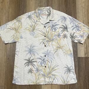 TOMMY BAHAMA Mens 100% Silk Camp Shirt L Cream Palms Grass Hawaiian Floral Vtg